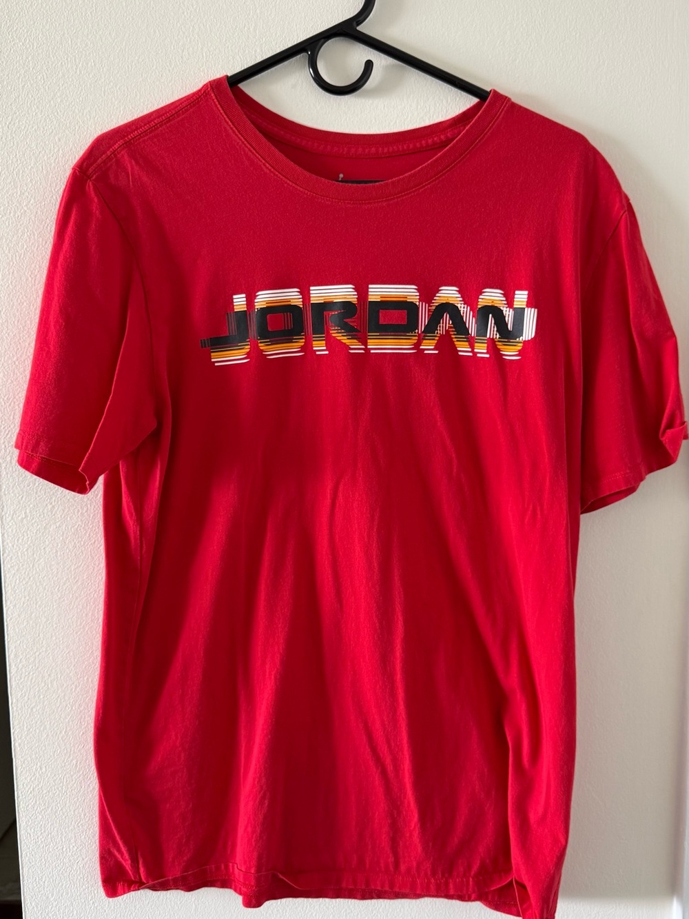 Jordan Red Short-Sleeve Tee with Multicolor Striped Logo